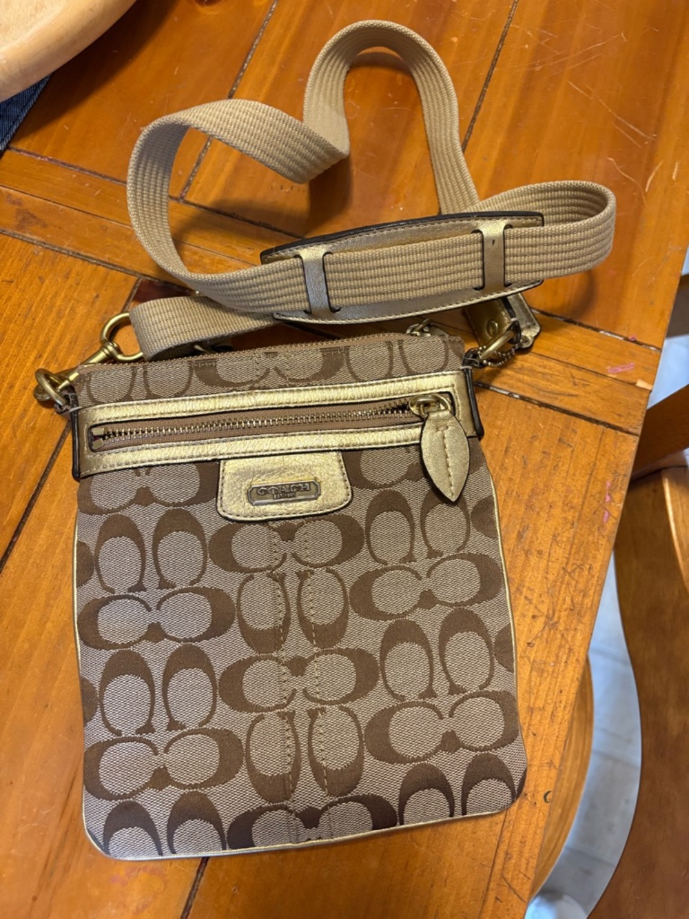 Coach Brown Signature Jacquard Crossbody with Gold Trim